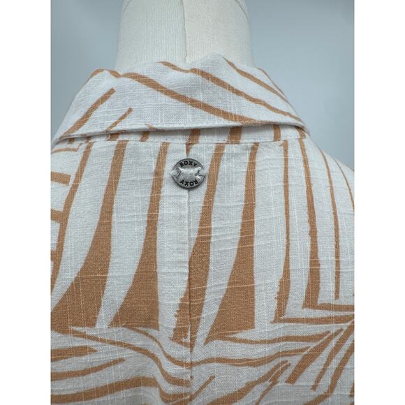 Roxy Palm Print Button Front Short Sleeve Romper Jumpsuit XS Neutral Tan Boho - Picture 3 of 7